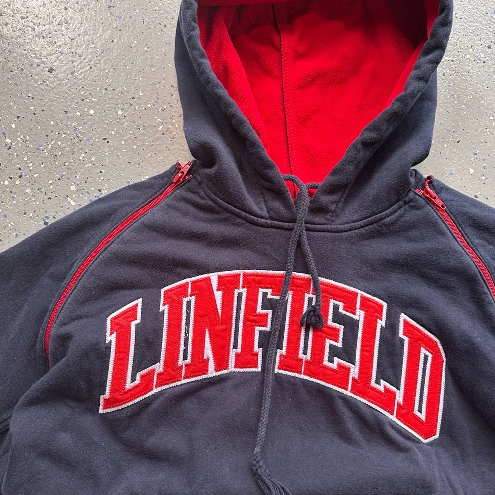 Linfield Hoodie Mens Size M Navy Red Vintage Collegiate Side Zip School Spirit - Picture 3 of 7